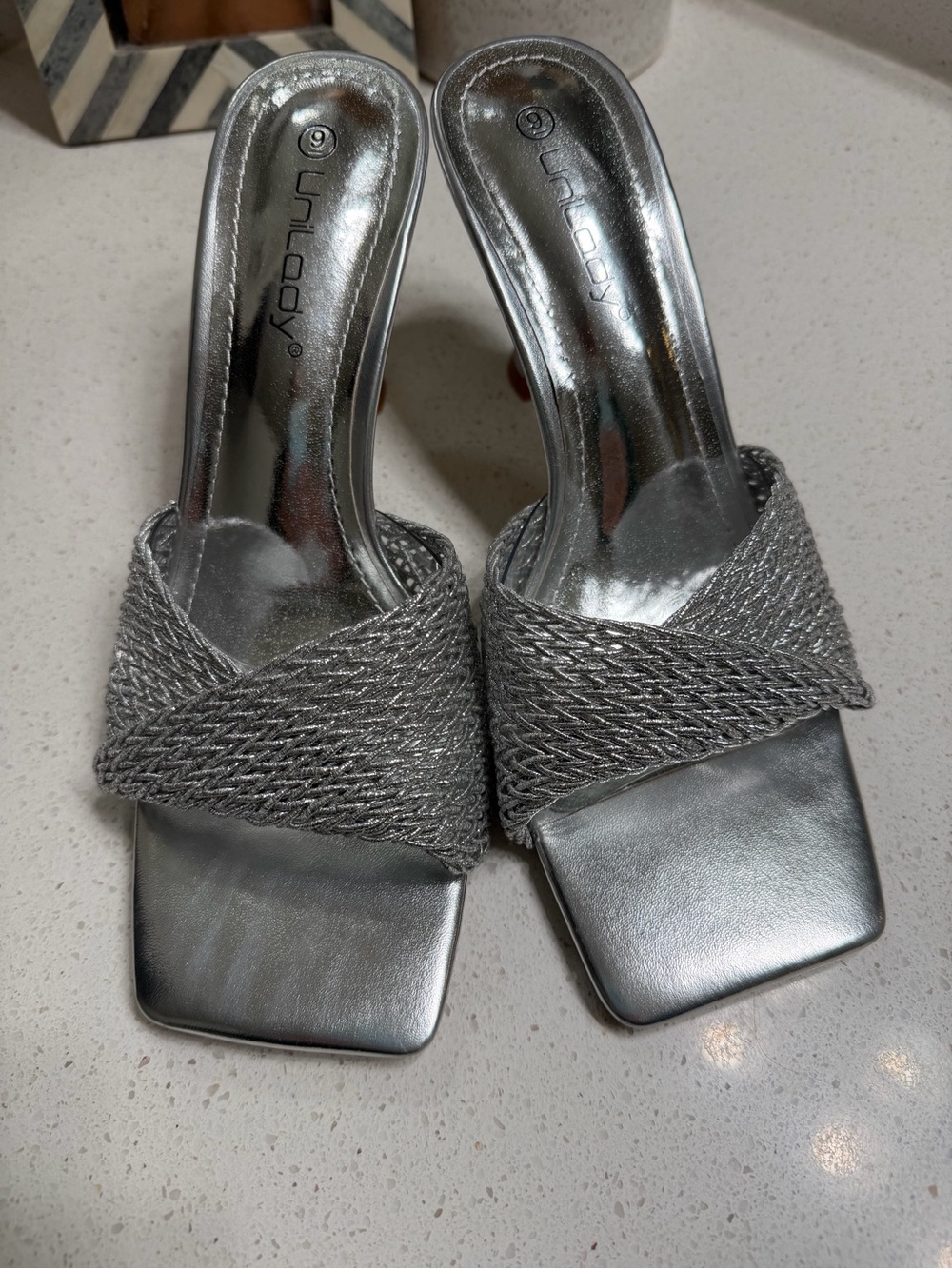 Unilady Silver Square Toe Mule Heels